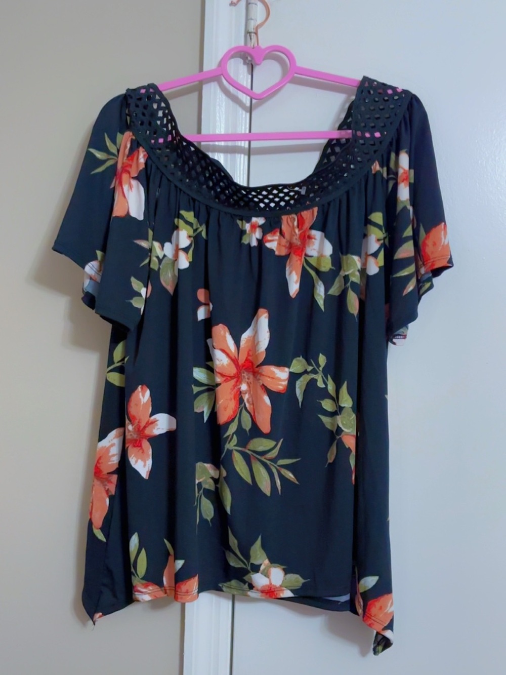 Simply Irresistible Navy Floral Off-Shoulder Top with Coral Blooms